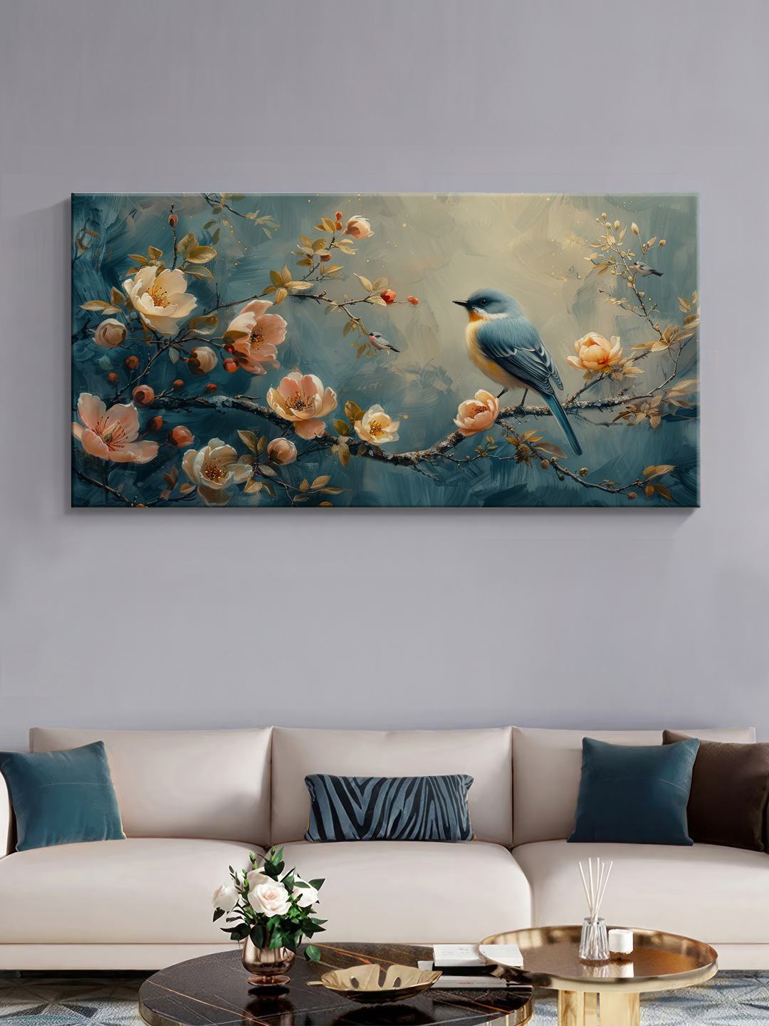

999Store Teal & Off White Canvas Floral and Botanical Wall Painting