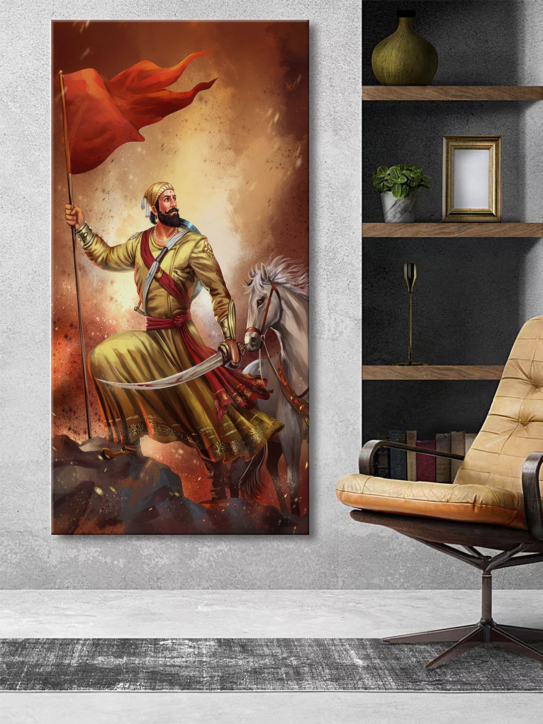 

999Store Brown & Black Canvas Shivaji Maharaj Wall Paintings