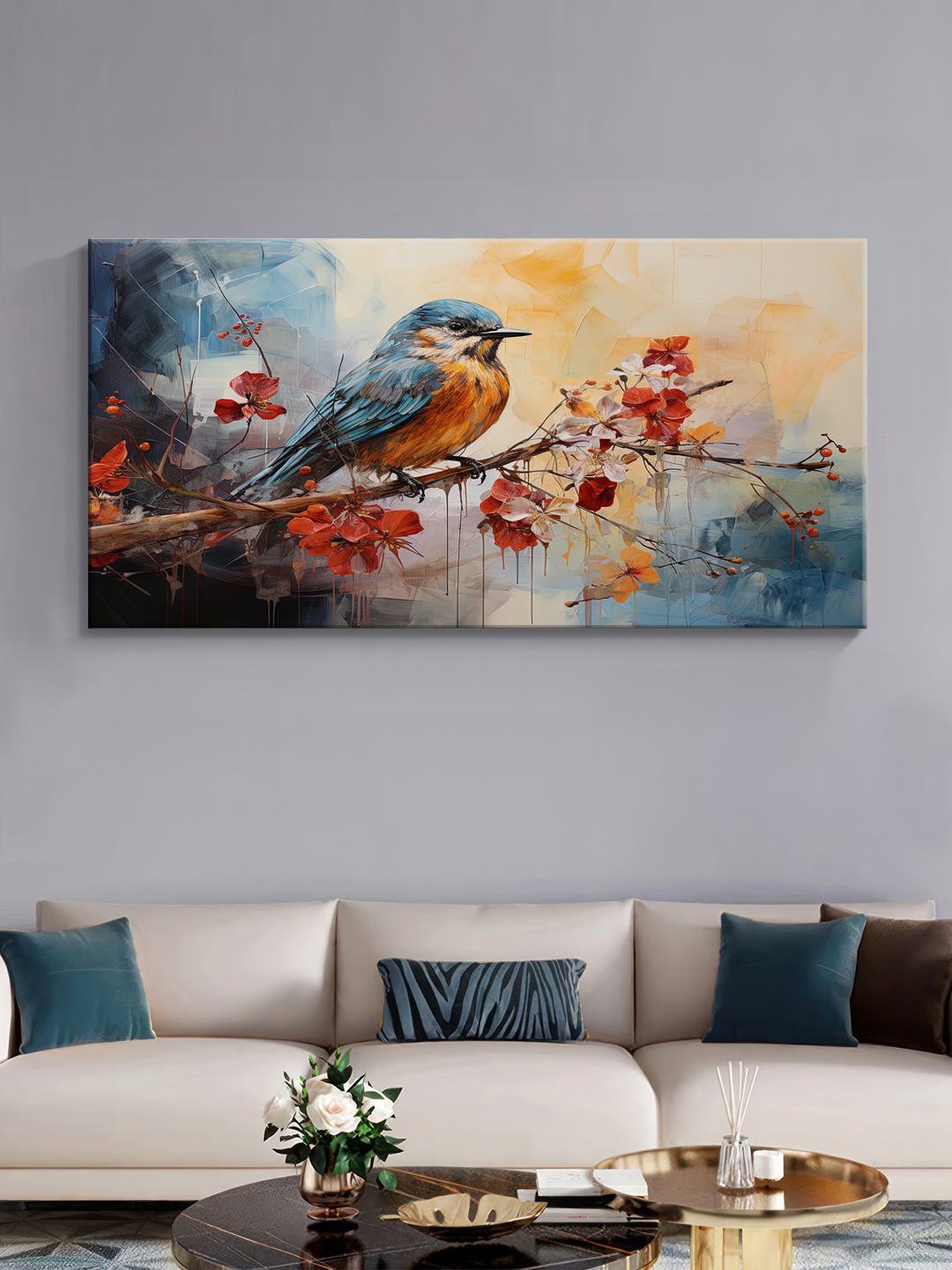 

999Store Grey & Orange Canvas Birds Wall Paintings