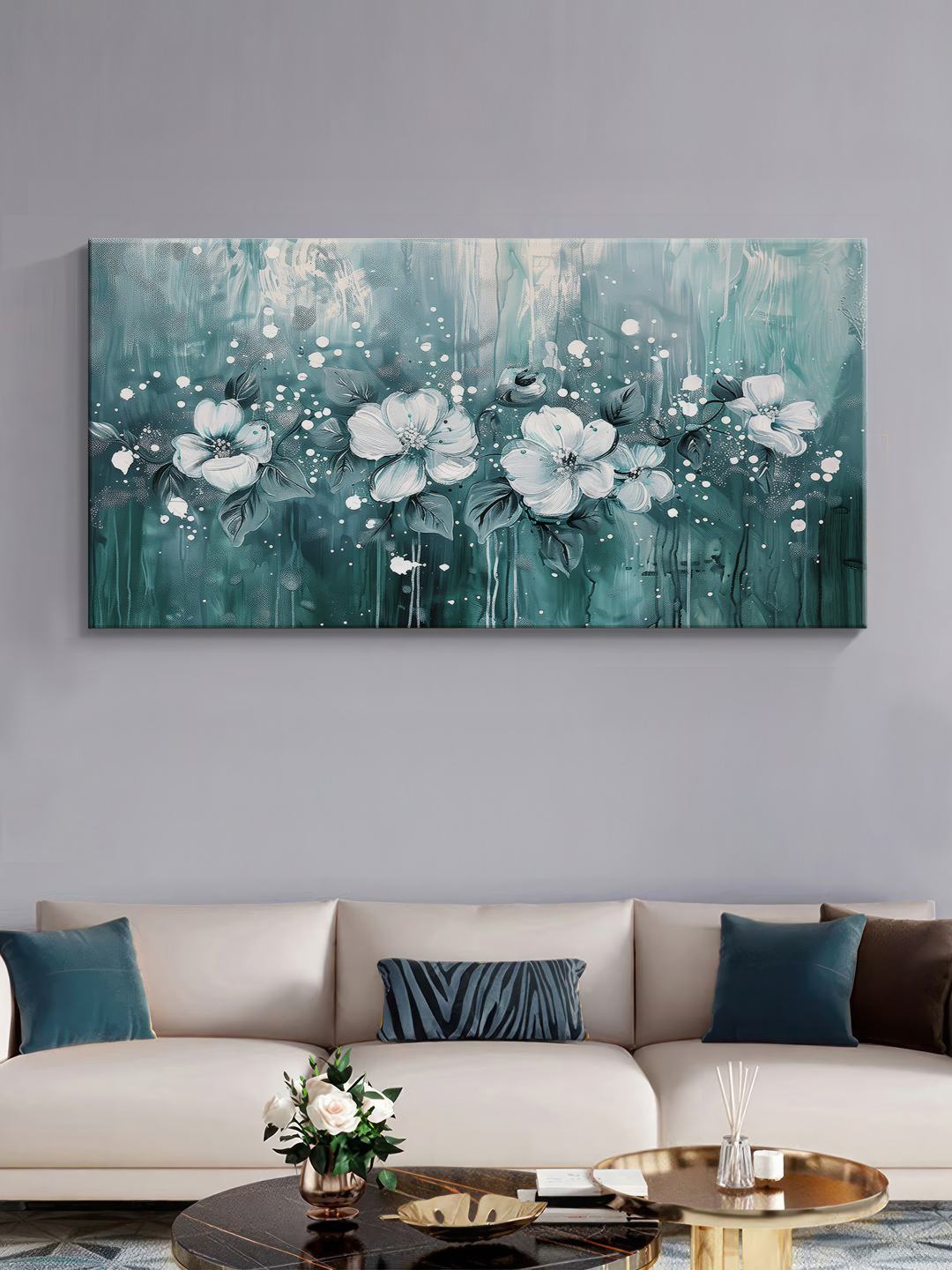 

999Store Teal & Off White Canvas Teal Blossoms Wall Art