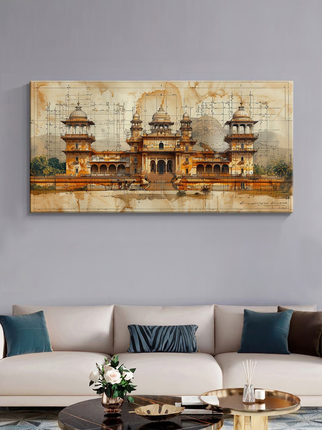 

999Store Brown & Off White Canvas Architectural Temple Wall Art