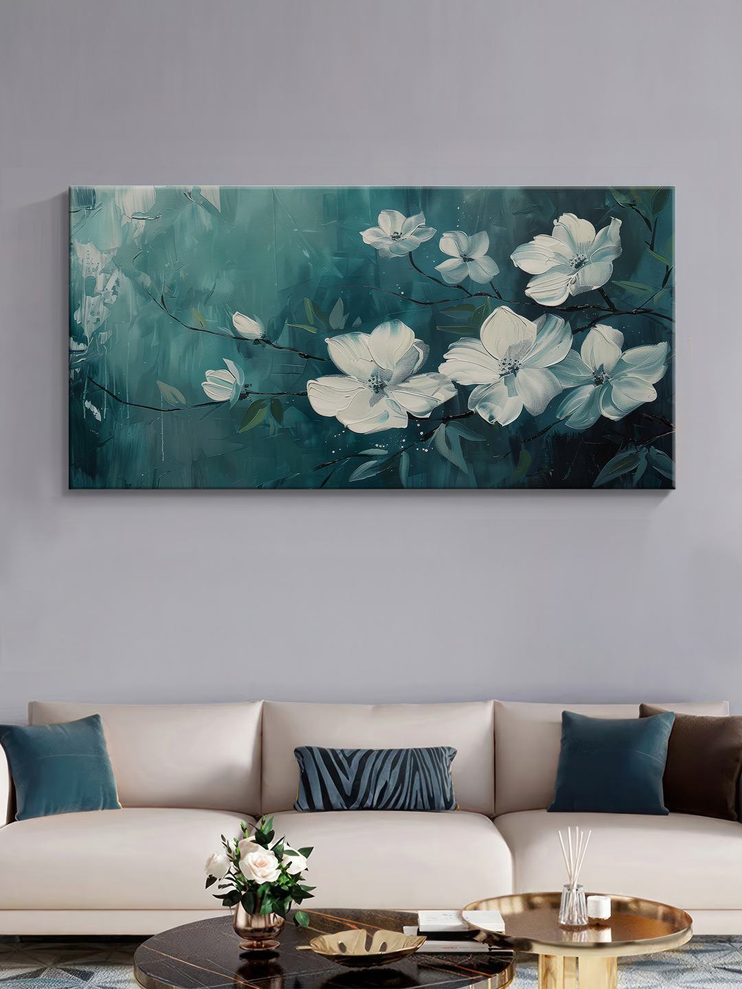 

999Store Teal & White Canvas Floral & Botanical Wall Painting