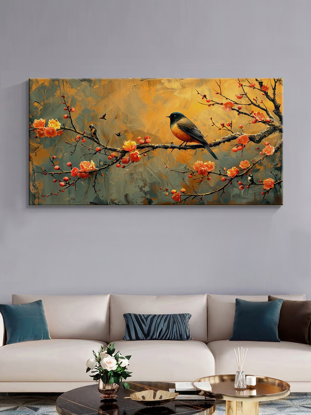 

999Store Gold Toned & Orange Canvas Birds and Animals Wall Art