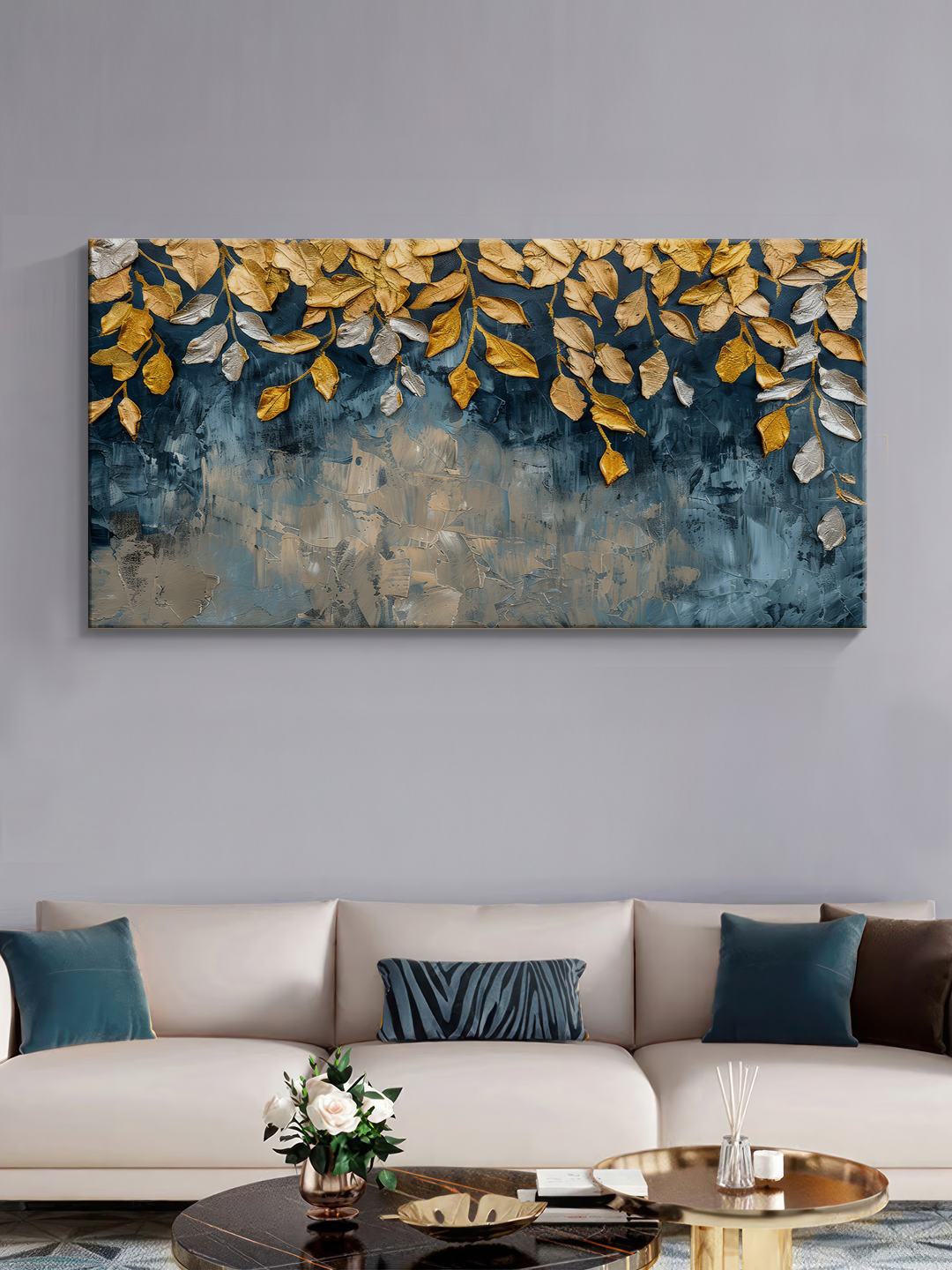 

999Store Blue & Off White Canvas Floral and Botanical Wall Painting