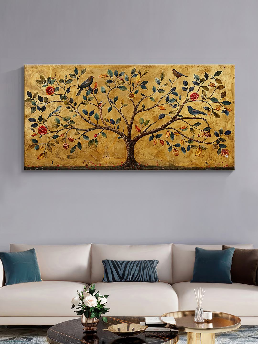 999Store Gold Toned & Brown Canvas Floral and Botanical Wall Art