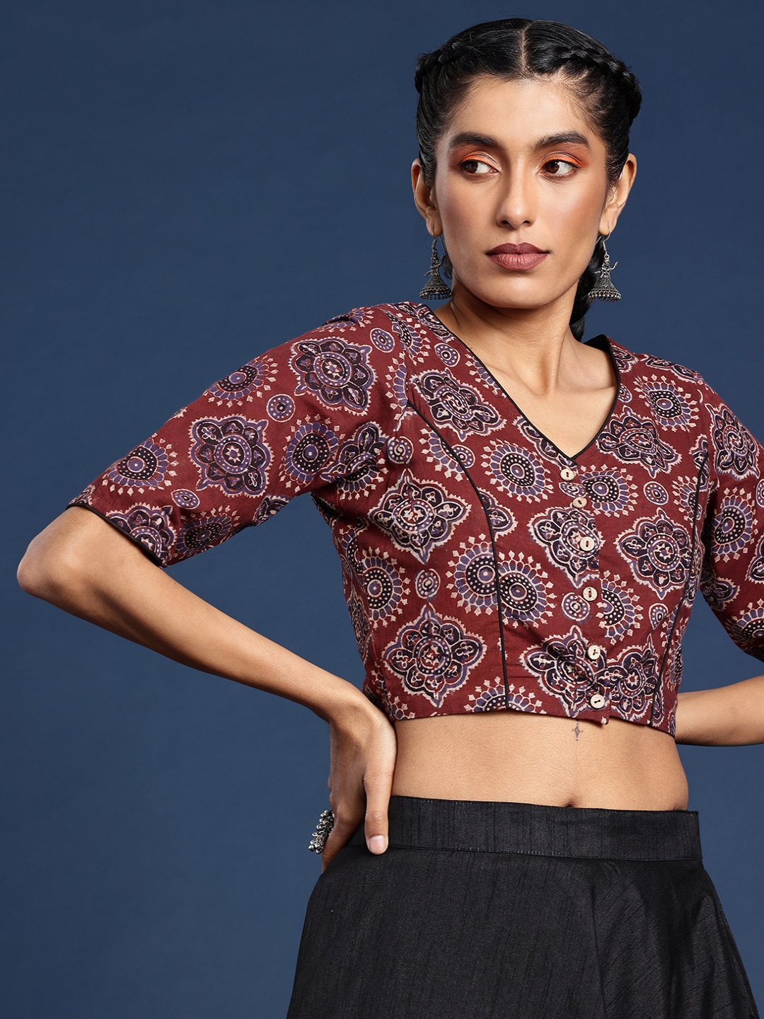 

Taavi Hand Block Printed Cotton Non Paded Without Lining Blouse, Maroon