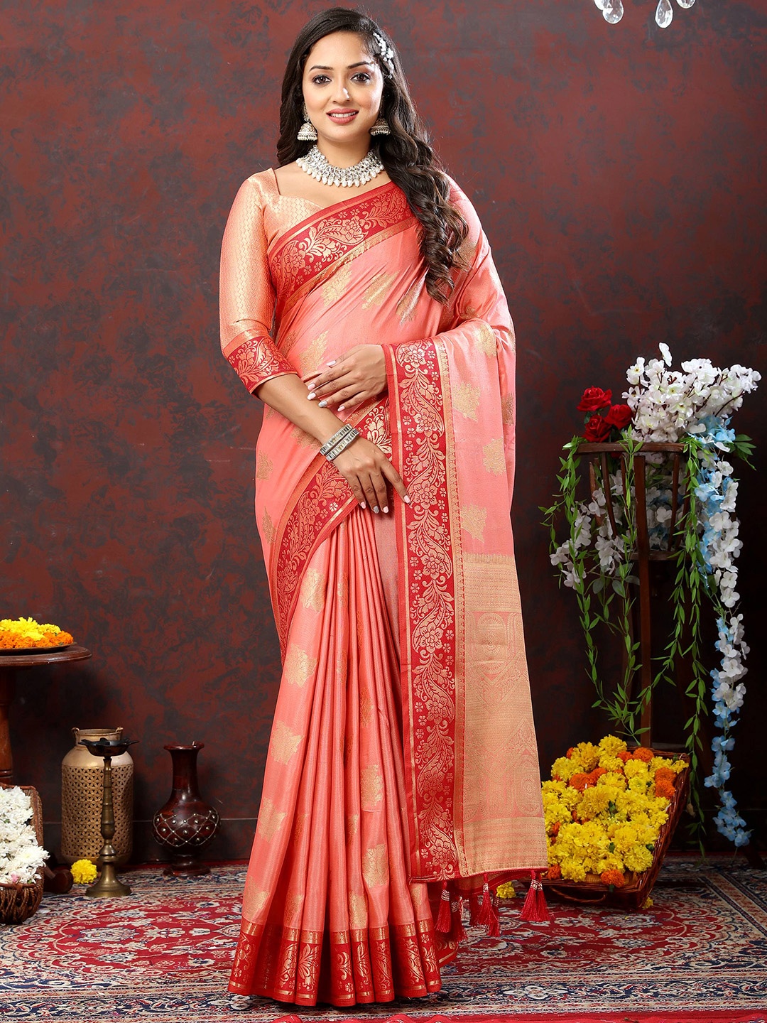 

Zeekha Woven Design Zari Pure Silk Kanjeevaram Saree, Peach