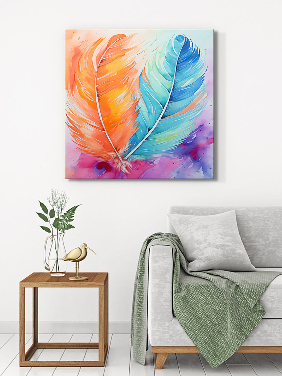 

999Store Orange & Blue Feathers Watercolor Canvas Painting Wall Art