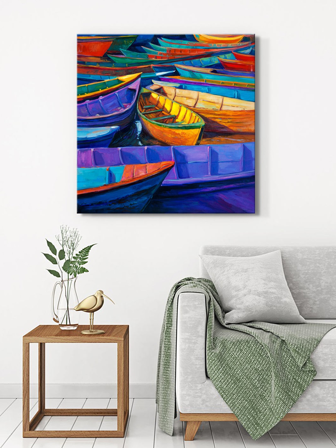 

999Store Blue & Yellow Canvas Docked Boats Painting Wall Art