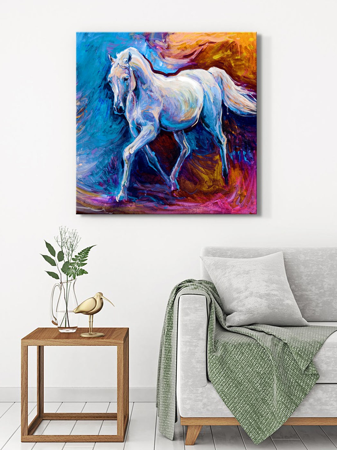

999Store Blue & White Canvas Galloping Horse Painting Wall Art