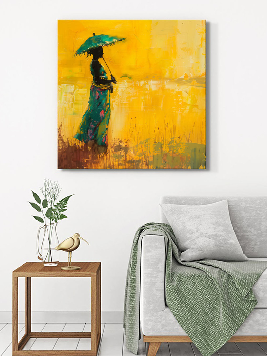 

999Store Yellow & Green Canvas Abstract Wall Painting
