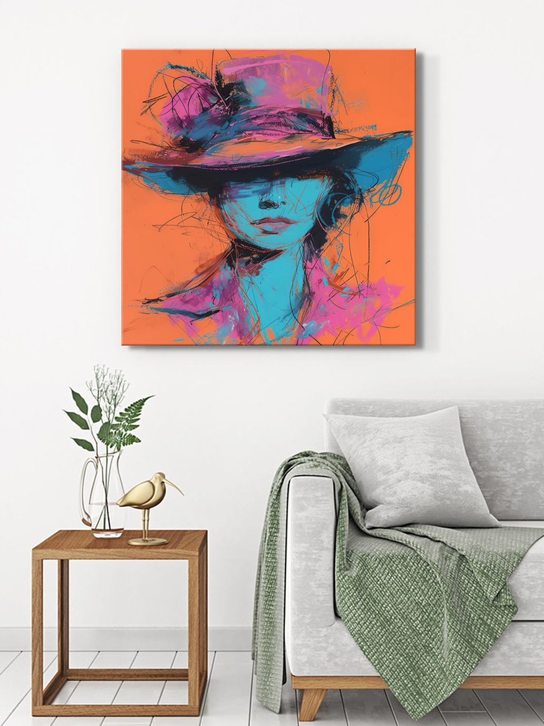 

999Store Orange & Blue Hat Silhouette Canvas Painting Wall Art