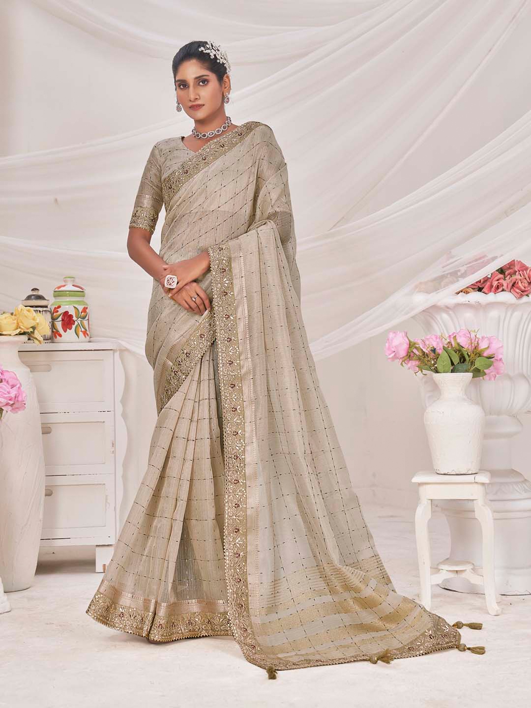 

Mitera Checked Embroidered Banarasi Saree, Grey