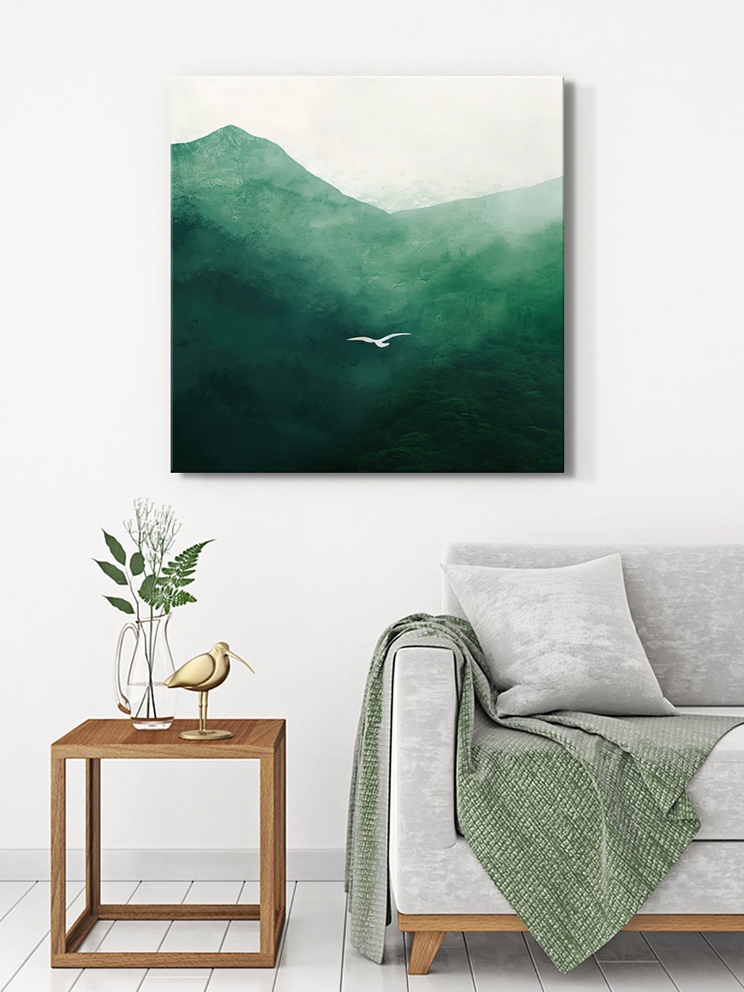 

999Store Green & White Mountain Bird Canvas Painting Wall Art