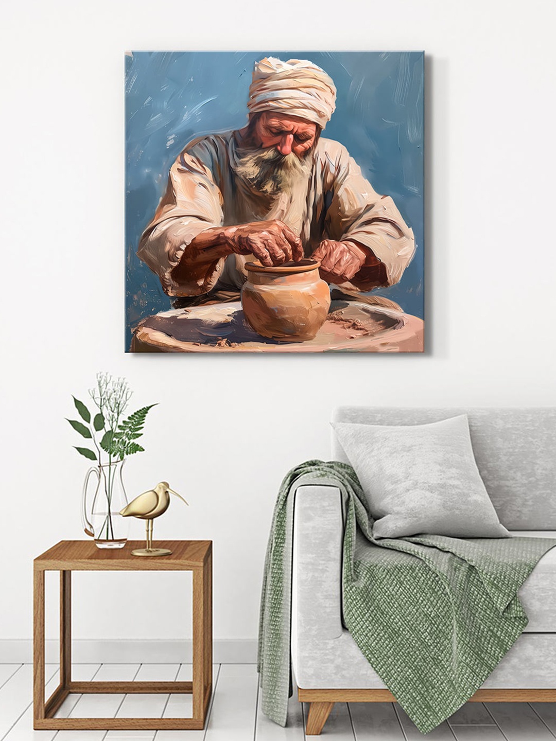 

999Store Blue & Off White Artisan Canvas Painting Wall Art