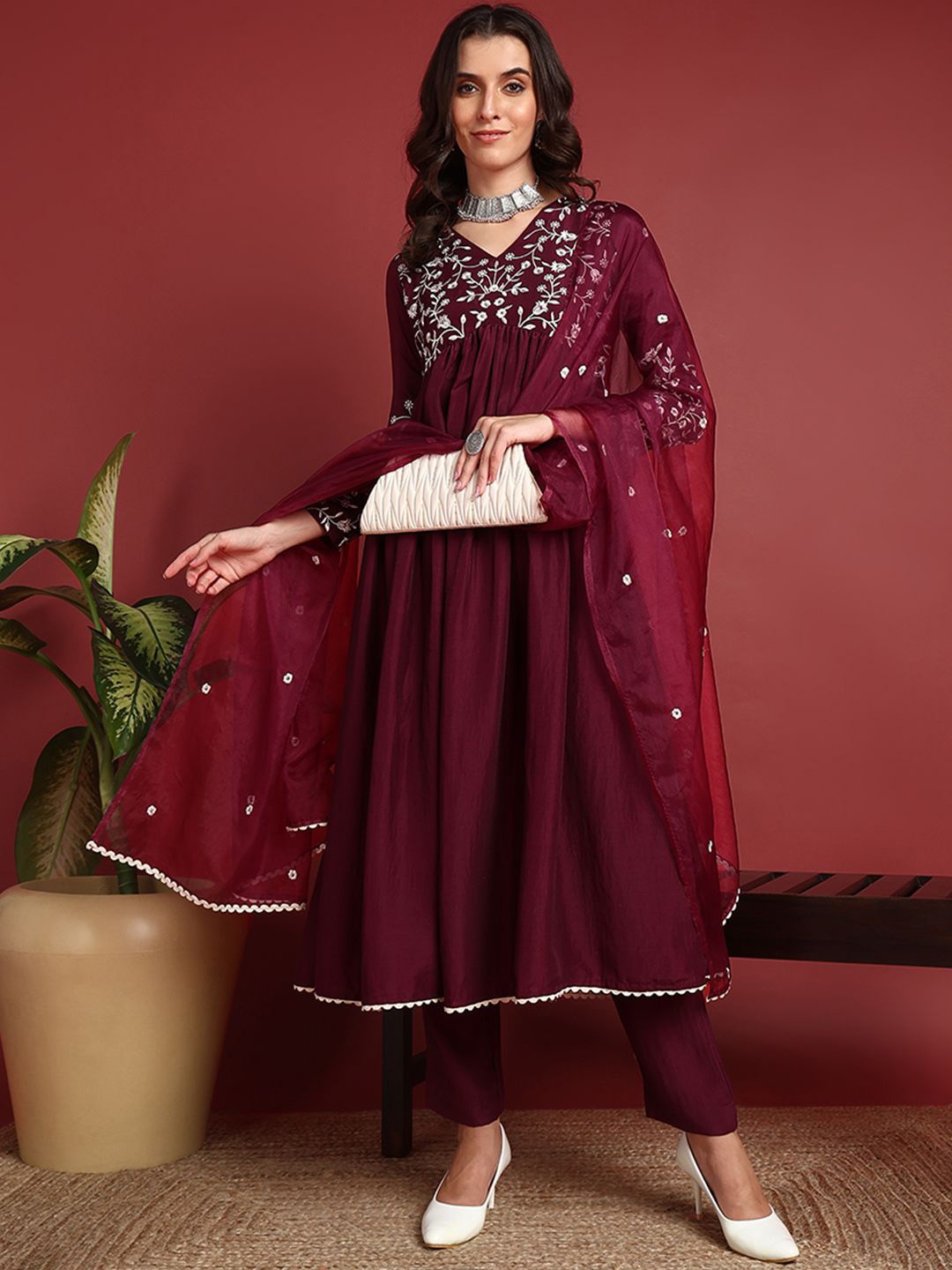 

AHIKA Floral Yoke Design Empire Thread Work A-Line Kurta with Trousers & Dupatta, Burgundy