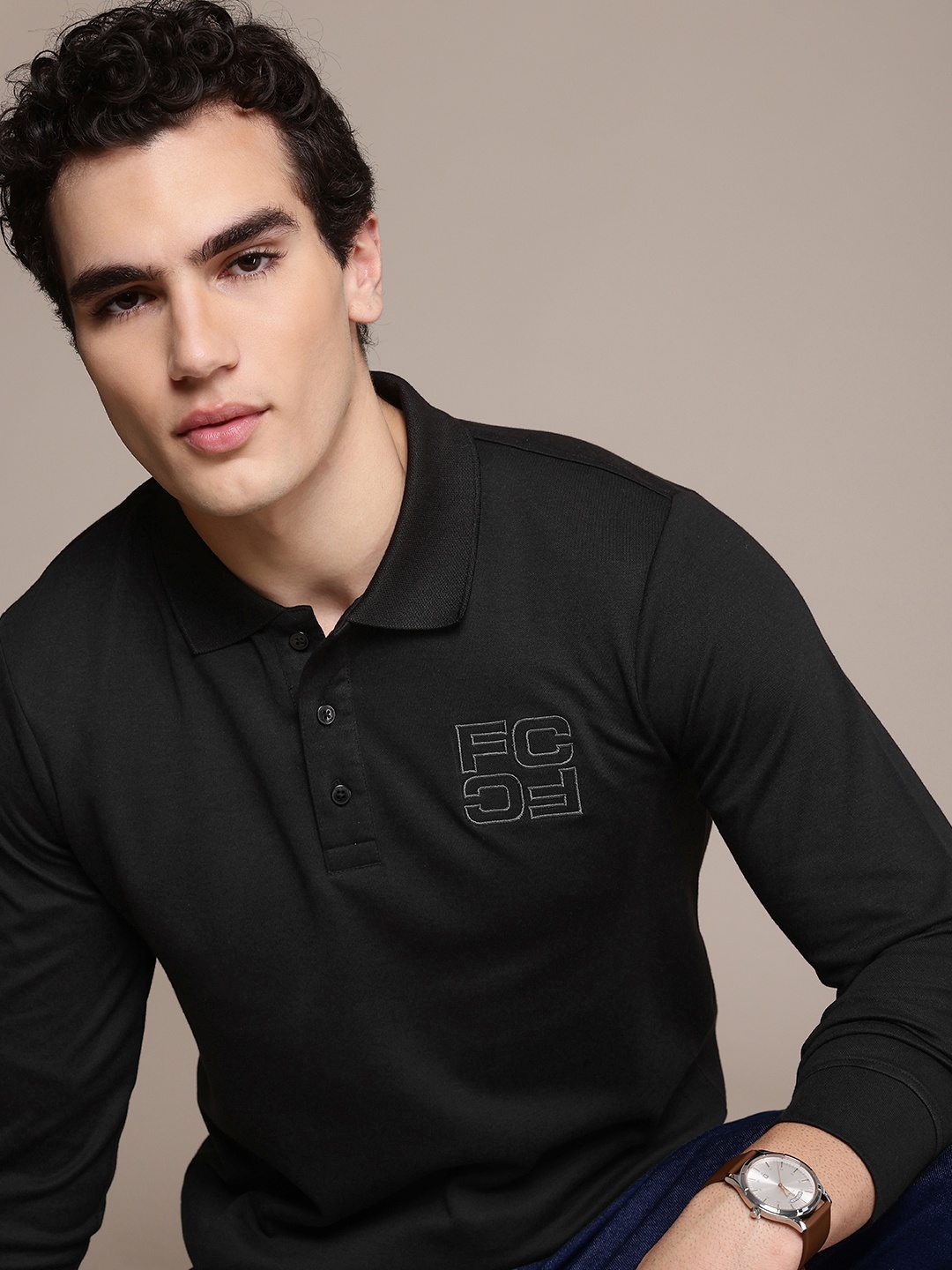 

French Connection Men Brand Logo Printed Polo Collar T-shirt, Black