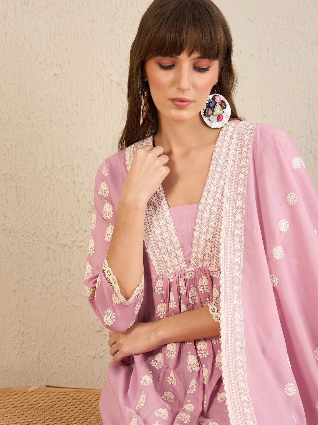 

Indo Era Floral Embroidered Pleated Pure Cotton A-Line Kurta With Trousers & Dupatta, Pink