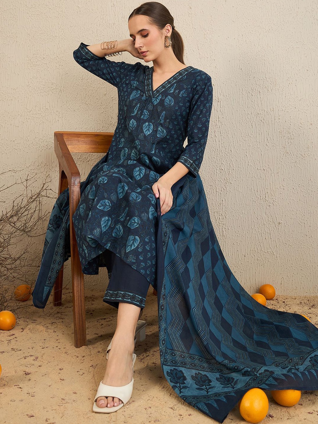 

Indo Era Floral Printed Pure Cotton Kurta With Trousers & Dupatta, Blue