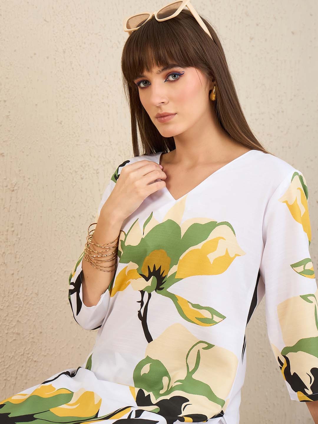 

Indo Era Floral Printed V Neck Straight Kurta With Trousers, White