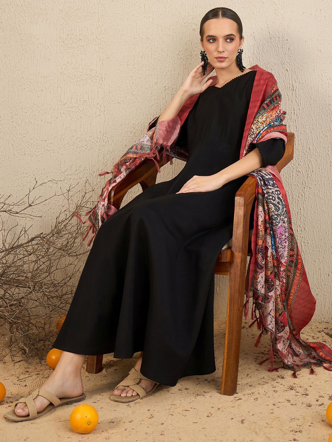 

Indo Era A-Line Kurta With Trousers & Dupatta, Black