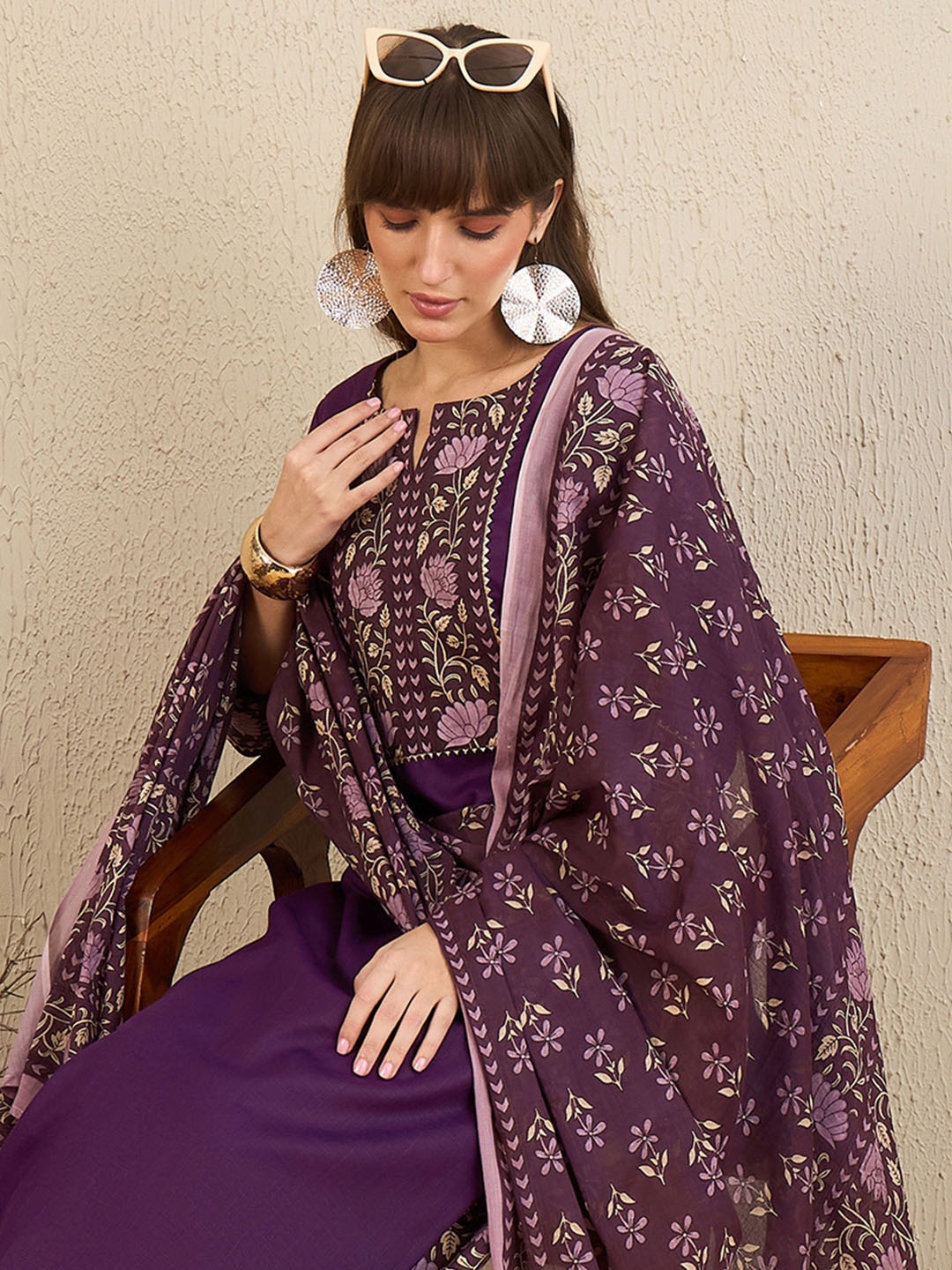 

Indo Era Floral Yoke Design Gotta Patti Pure Cotton Straight Kurta With Salwar & Dupatta, Burgundy