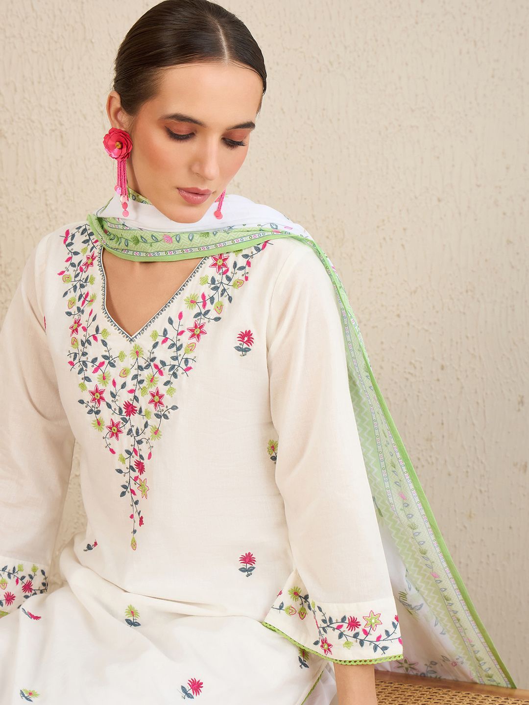 

Indo Era Floral Embroidered Pure Cotton Kurta With Trousers & Dupatta, White