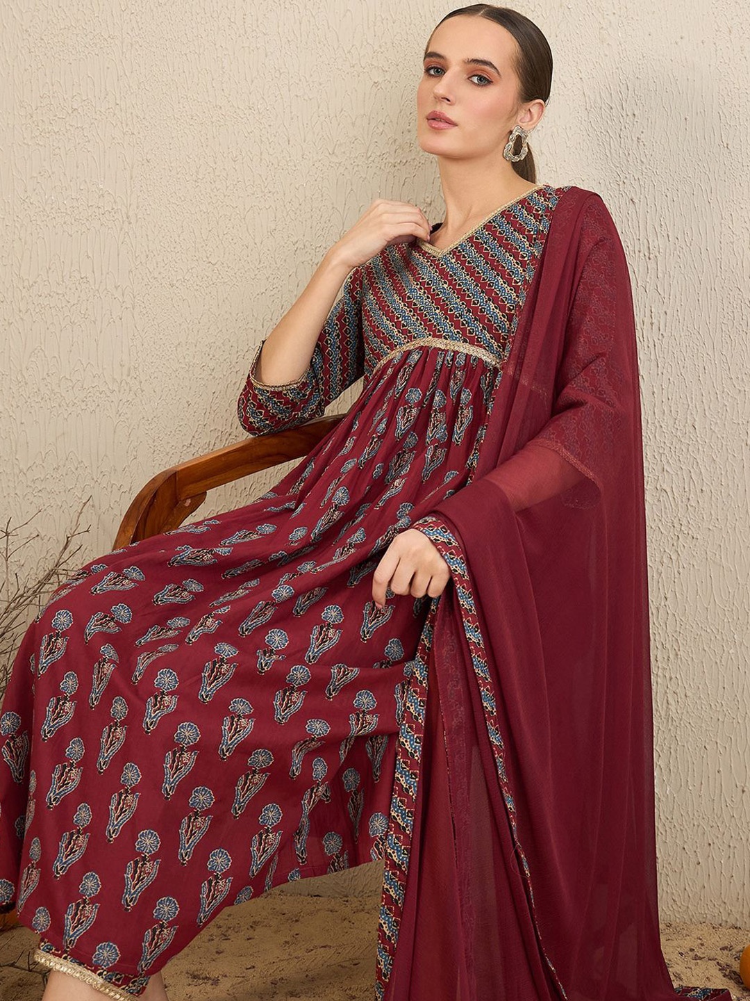 

Indo Era Floral Printed Empire Pure Cotton Anarakli Kurta With Trousers & Dupatta, Rust