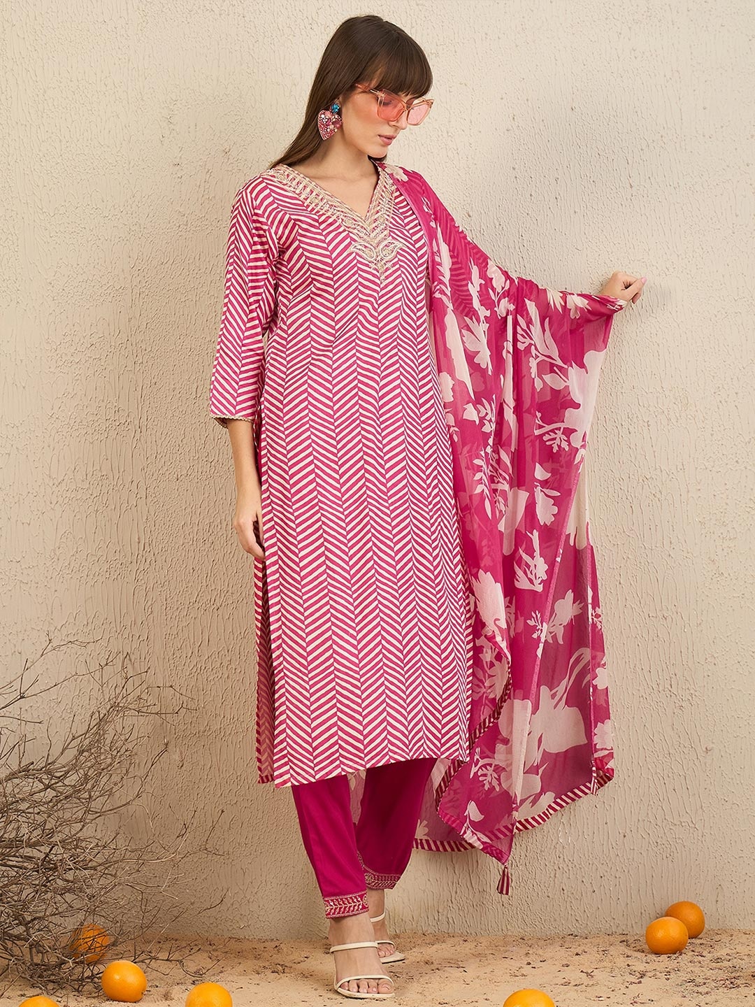 

Indo Era Chevron Printed Pure Cotton Straight Kurta With Trousers & Dupatta, Pink