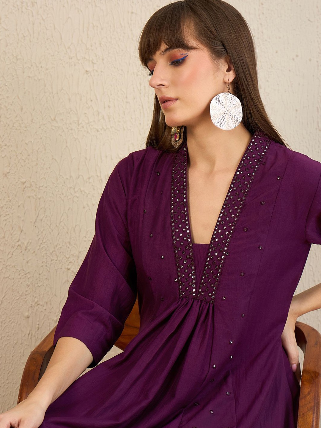 

Indo Era Embroidered Panelled Sequinned A-Line Kurta with Trousers, Burgundy