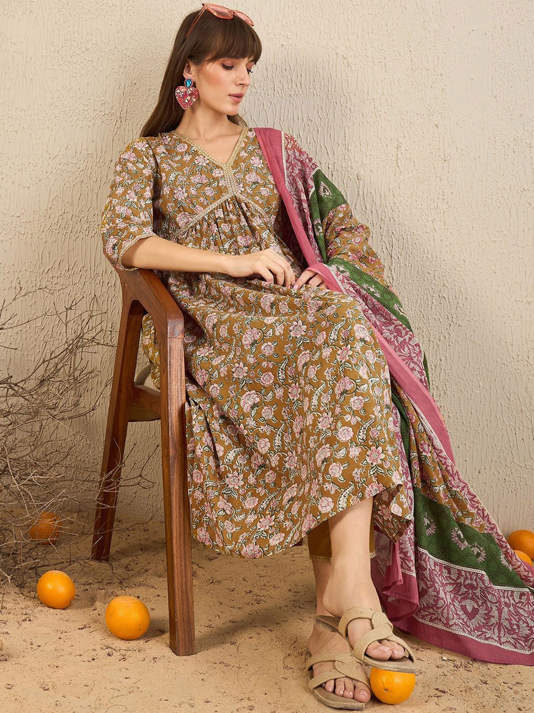 

Indo Era Floral Printed V-Neck Pure Cotton A-Line Kurta With Trousers & Dupatta, Khaki