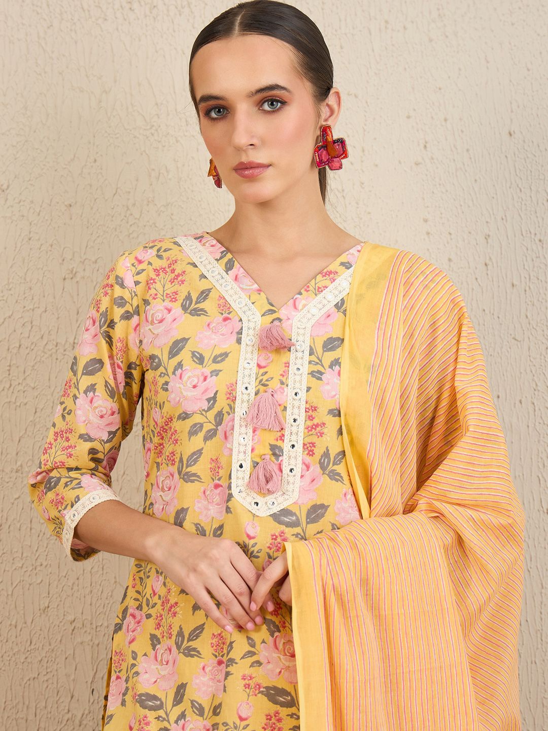 Indo Era Floral Printed Thread Work Pure Cotton Straight Kurta With Trousers & Dupatta, Yellow