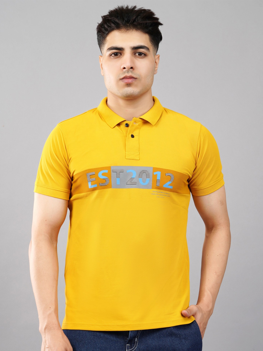 MEGHZ Men Typography Printed Slim Fit Polo T-shirt, Yellow