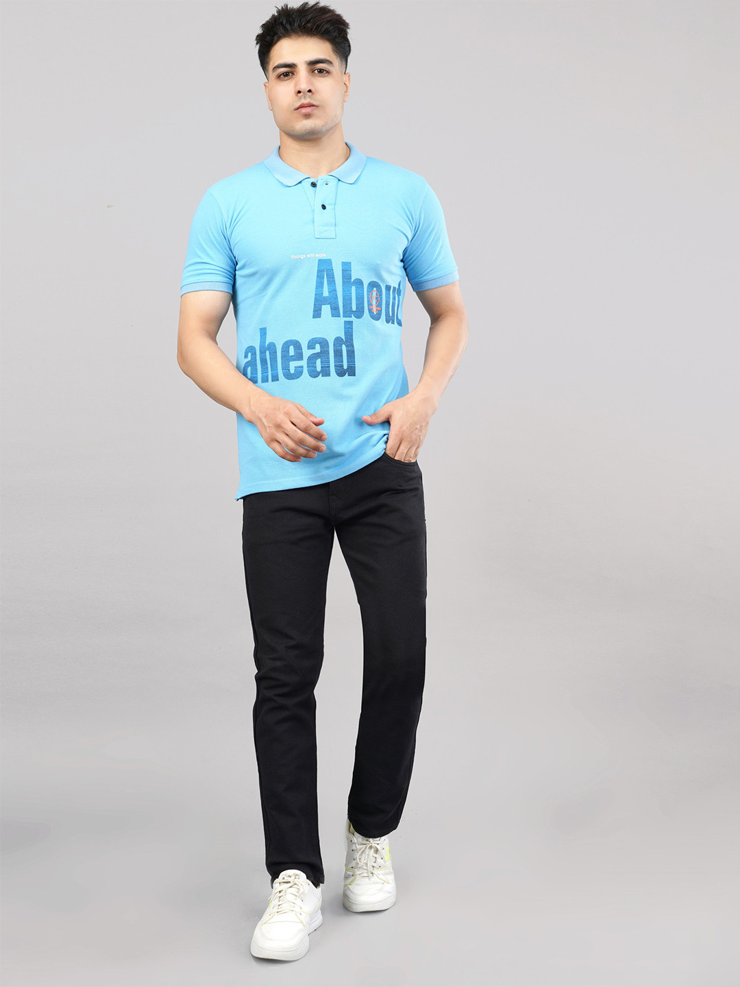 

MEGHZ Men Cotton Typography Printed Polo Collar Slim Fit T-shirt, Blue