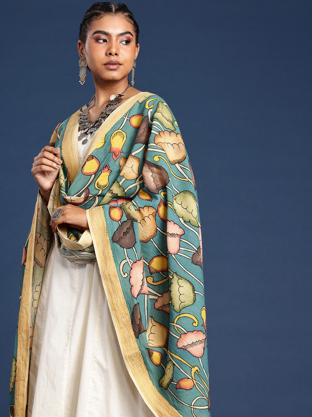 

Taavi Ethnic Motifs Printed Kalamkari Dupatta with Zari, Blue