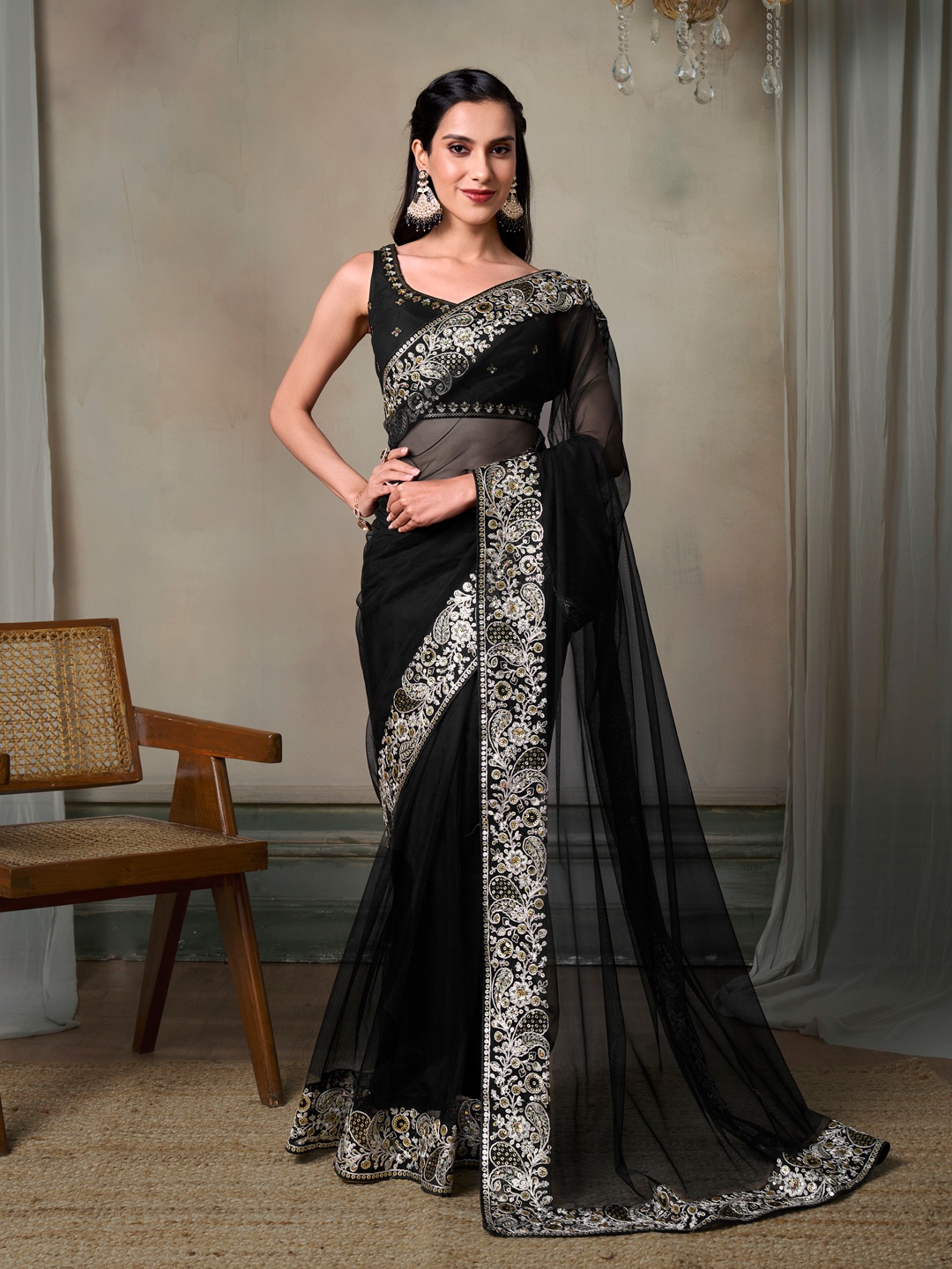 

Inddus Sequinned Embroidered Ready to Wear Saree, Black