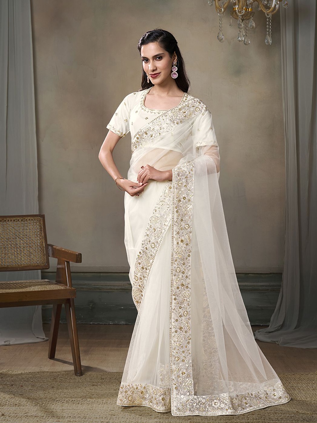 

Inddus Sequinned Ready to Wear Net Saree, White