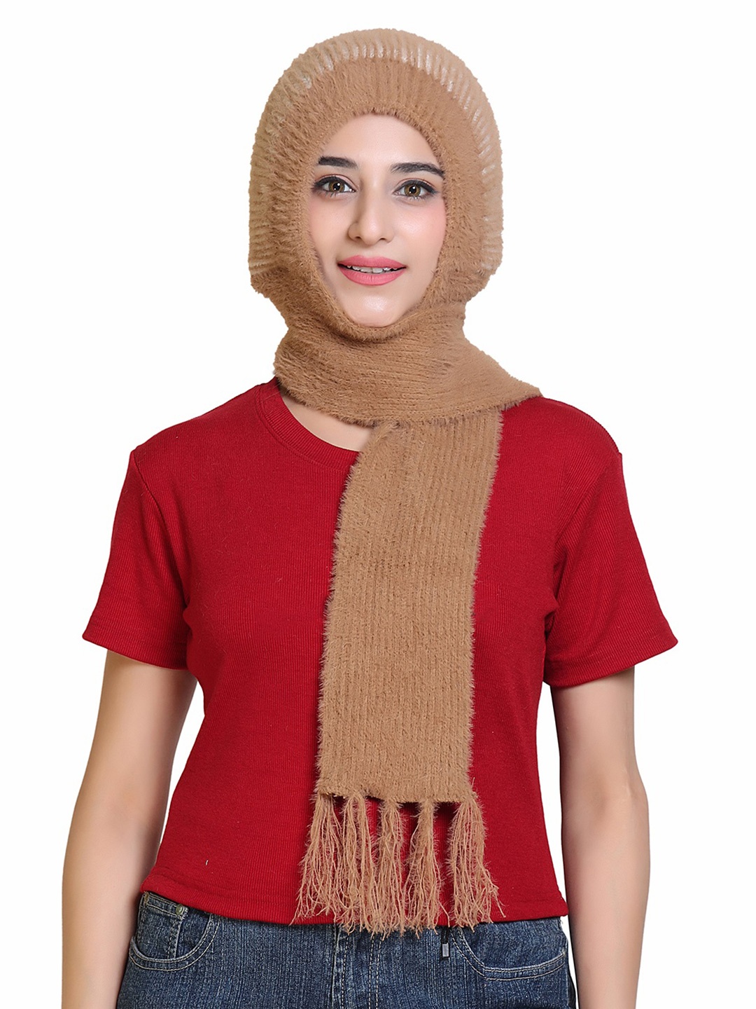 

Gajraj Women Self Design Woolen Beanie With Attached Muffler, Beige