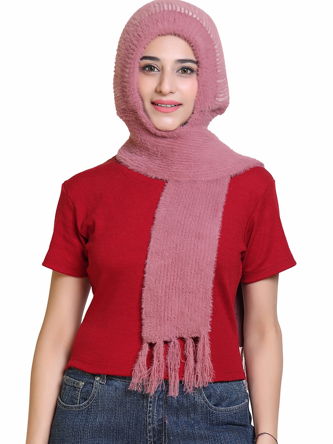 

Gajraj Women Self Design Woolen Beanie With Attached Muffler, Pink