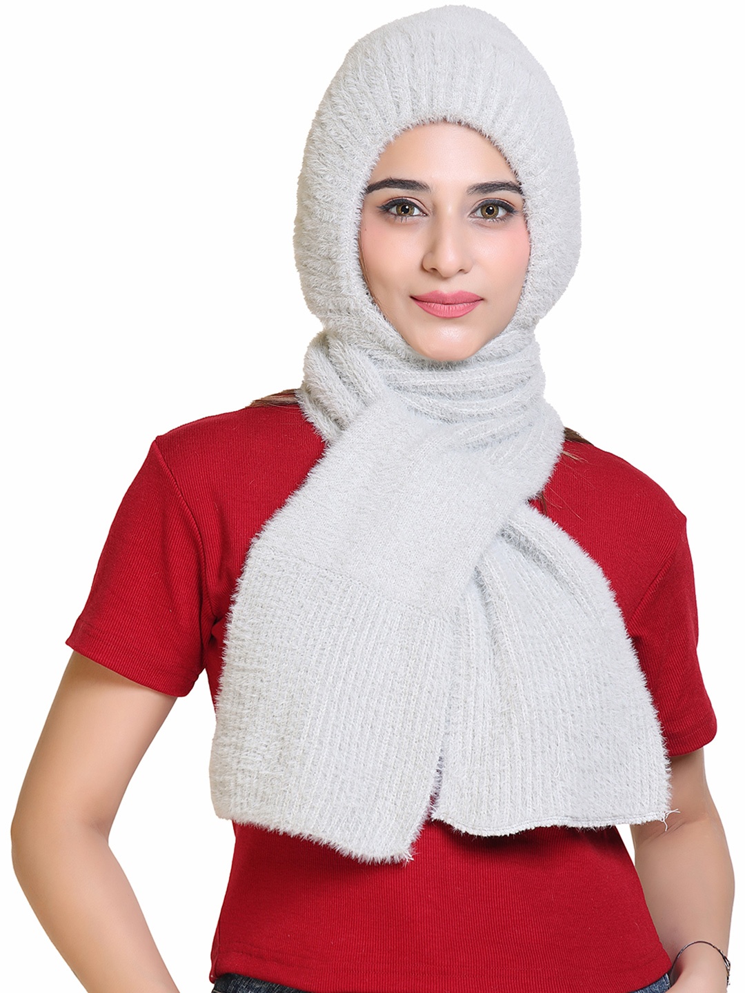 

Gajraj Self Design Woolen Beanie With Attached Muffler, Grey