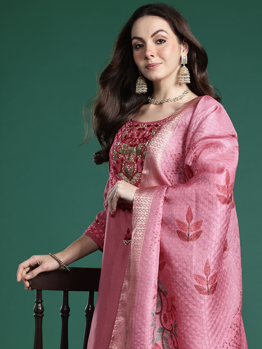 

Indo Era Floral Embroidered Thread Work Kurta with Trousers & With Dupatta, Pink