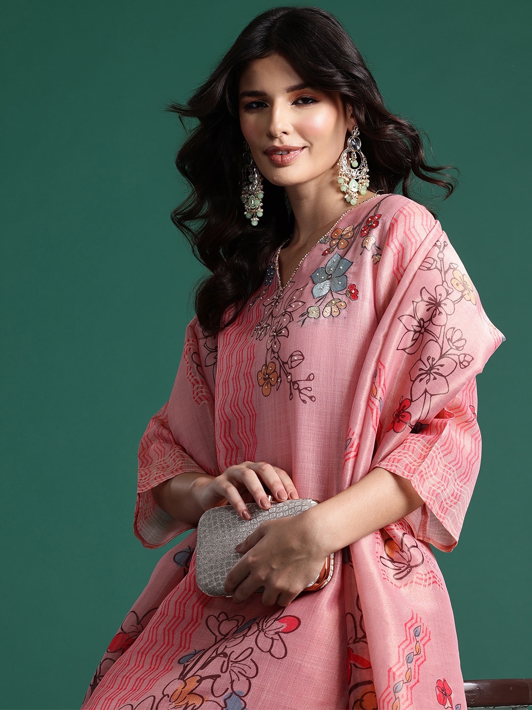 

Indo Era Floral Printed Sequinned Kurta With Trousers & Dupatta, Pink