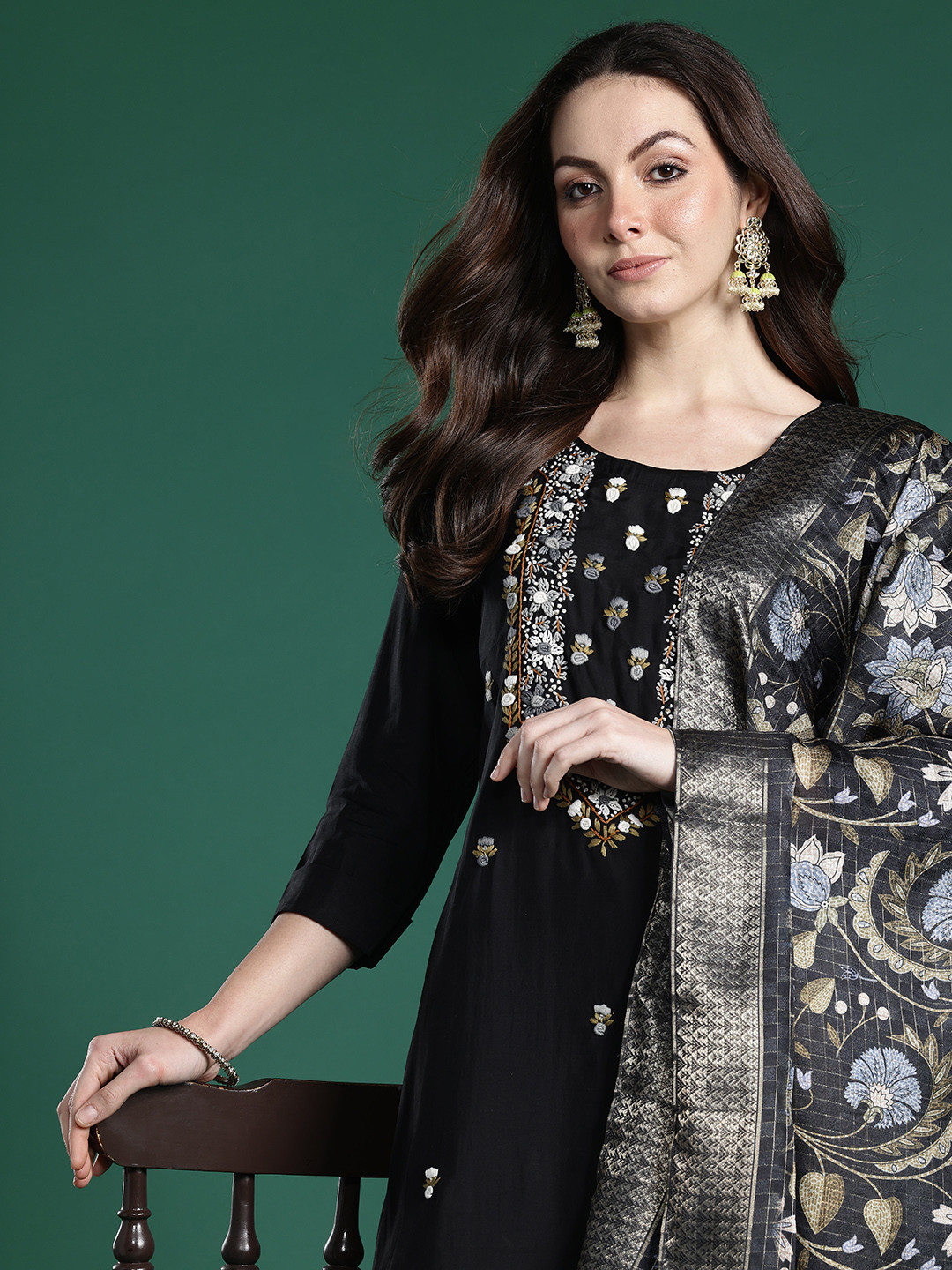 

Indo Era Floral Embroidered Thread Work Kurta with Trousers & With Dupatta, Black