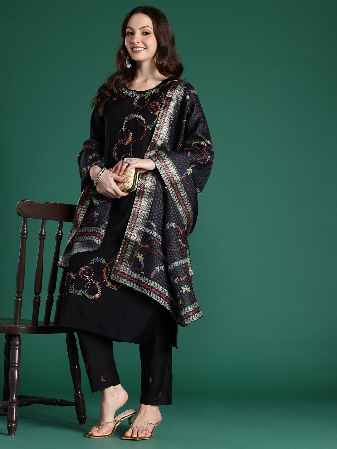 

Indo Era Floral Embroidered Thread Work Kurta with Trousers & With Dupatta, Black