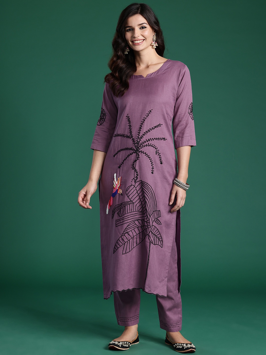 

Indo Era Women Floral Embroidered Regular Thread Work Pure Cotton Kurta with Trousers, Burgundy