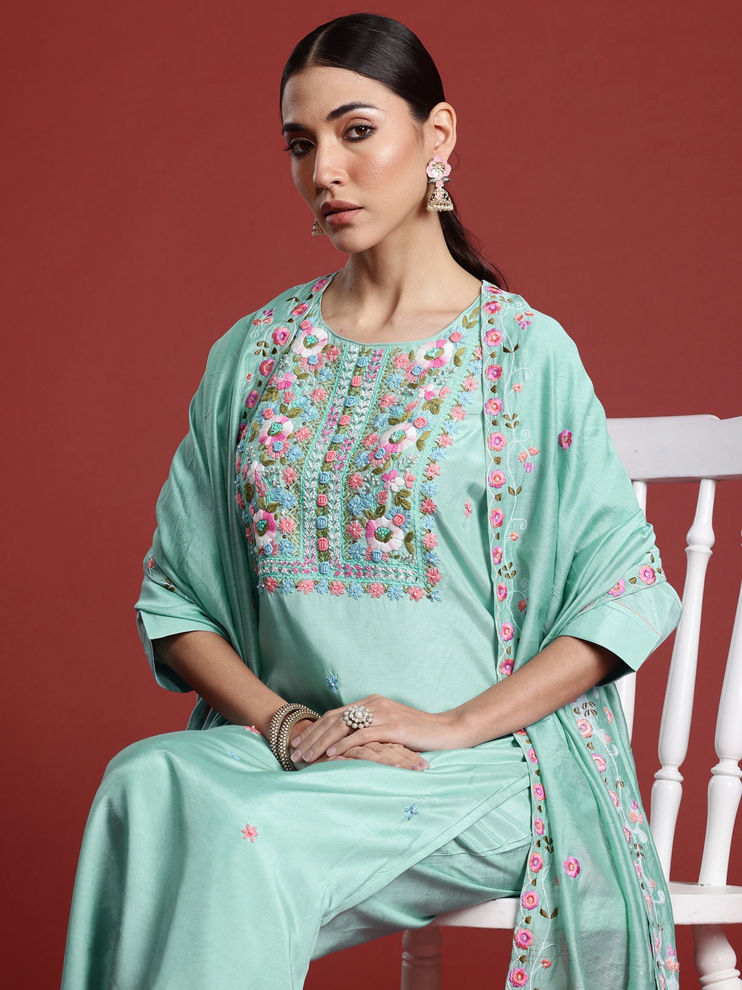 

Indo Era Floral Embroidered Thread Work Kurta With Trousers & Dupatta, Sea green