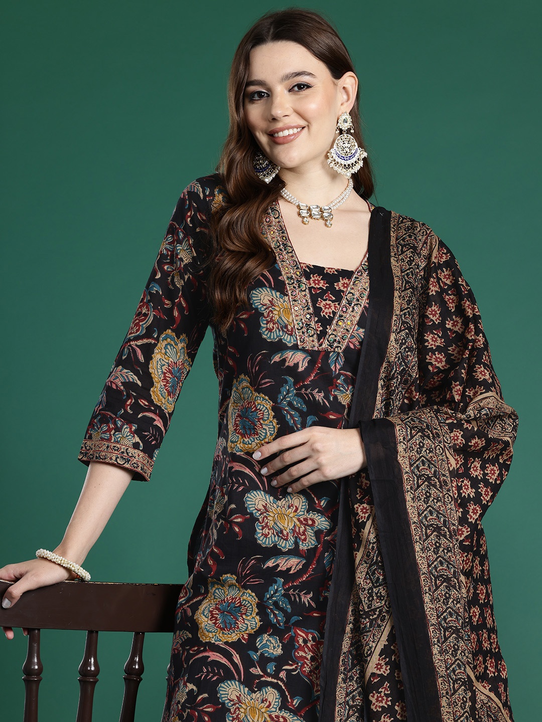 

Indo Era Floral Printed Sequinned Pure Cotton Kurta With Trousers & Dupatta, Black