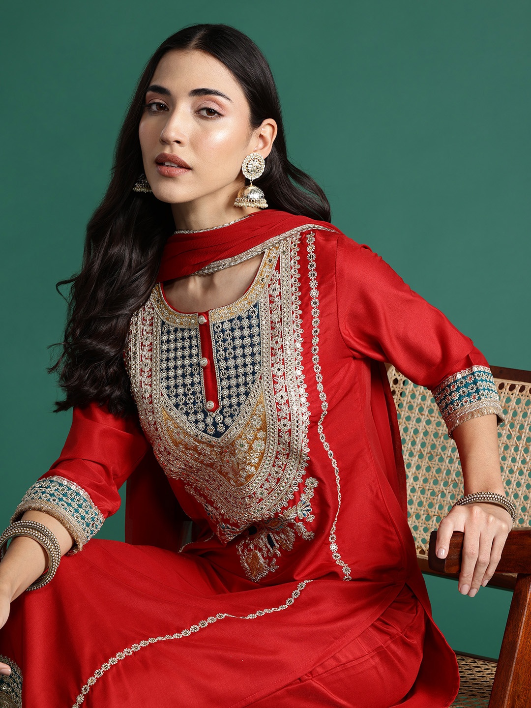 

Indo Era Ethnic Motifs Embroidered Kurta with Trousers & With Dupatta, Red