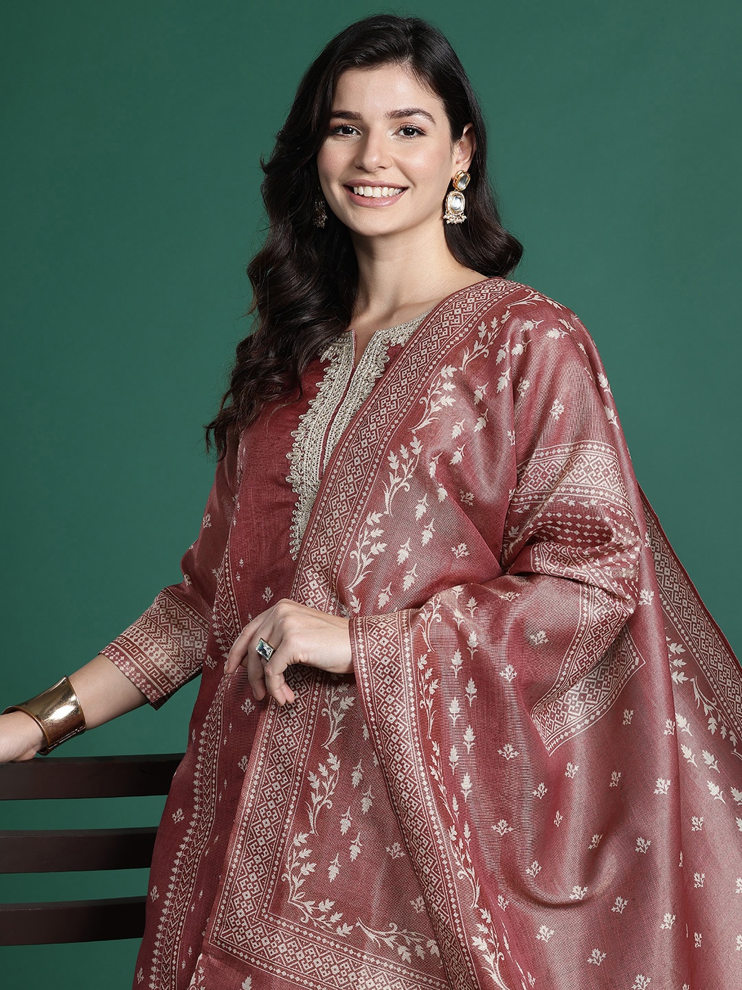 

Indo Era Ethnic Motifs Embroidered Kurta with Trousers & With Dupatta, Rust