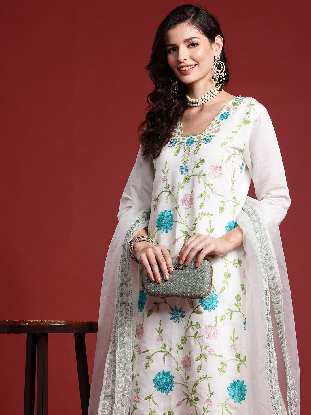 

Indo Era Women Floral Embroidered Thread Work Kurta With Trousers & Dupatta, White